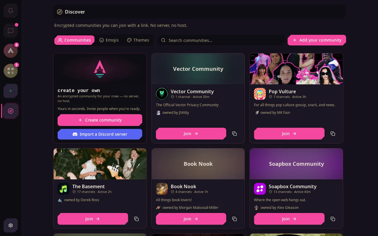 Armada's Discover page: encrypted communities you can join with a link